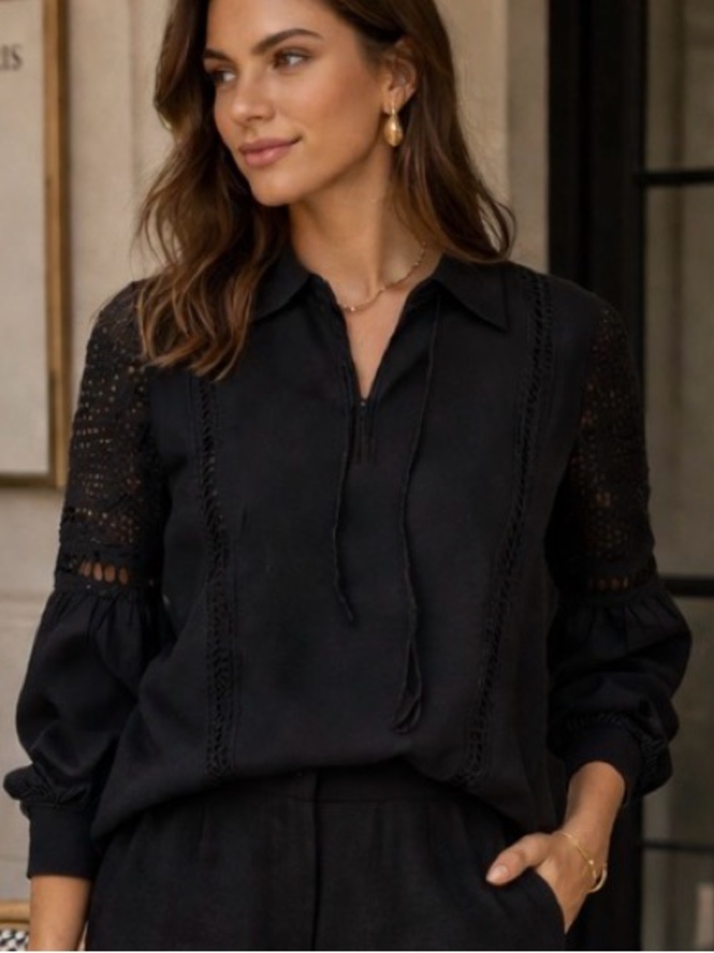 Brochu Walker Black Crochet Sleeve Tunic Top